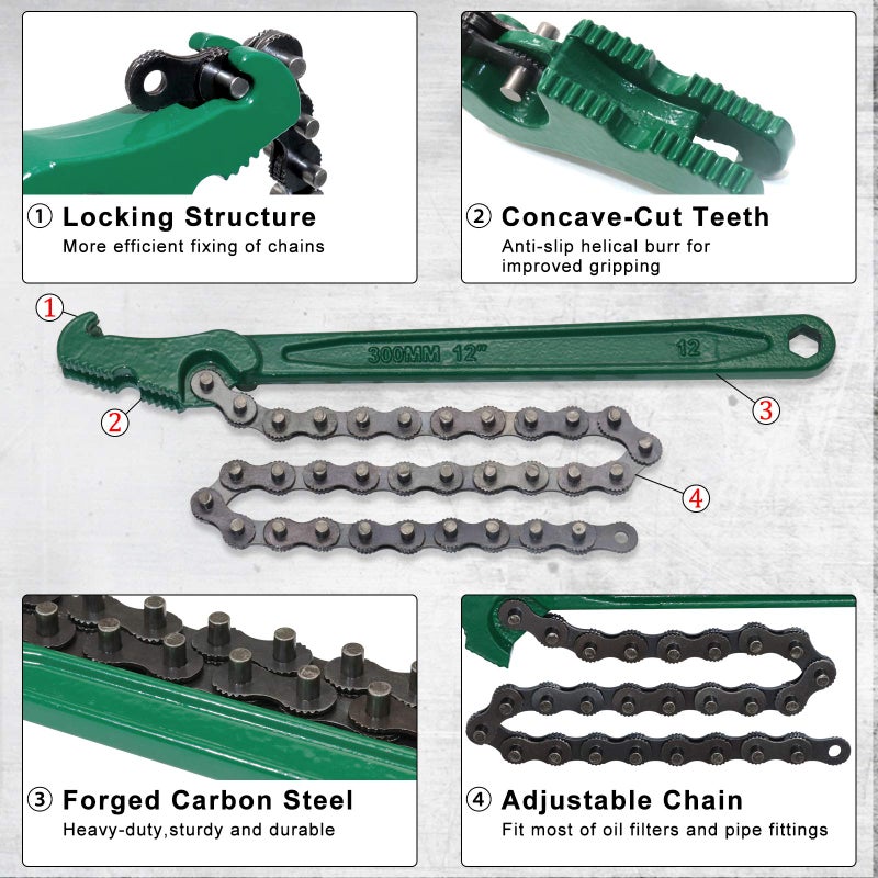 boeray 12 Inch Heavy-Duty Ratcheting Chain Wrench Reversible Oil Filter Tool Pipe Fittings Tools Fit Max 6 Inch Diameter - Image 3